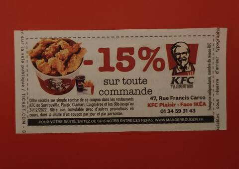 Divers coupon réduction 15% chez KFC