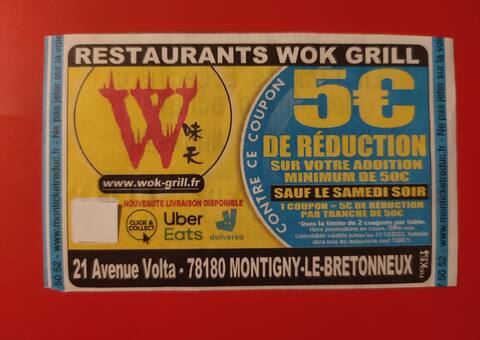Divers coupon réduction 5€ dans restaurants WOK GRILL