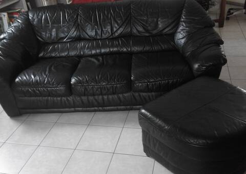Meubles canapé cuir + pouf